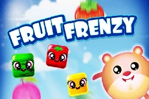 Imaginea prezintă blocuri de fructe animate cu fețe zâmbitoare și un personaj asemănător unui hamster pe un fundal albastru deschis cu nori și inscripția FRUIT FRENZY
