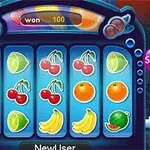 Imaginea prezintă blocuri de fructe animate cu fețe zâmbitoare și un personaj asemănător unui hamster pe un fundal albastru deschis cu nori și inscripția FRUIT FRENZY