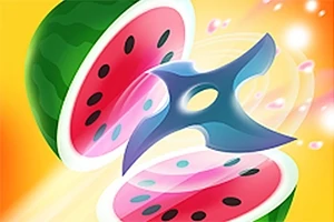 Un shuriken albastru taie un pepene verde pe fundal galben