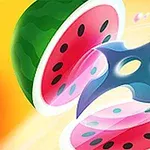 Un shuriken albastru taie un pepene verde pe fundal galben