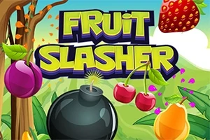 Ilustrație cu un copac, fructe proaspete și o bombă în prim-plan, sub textul Fruit Slasher