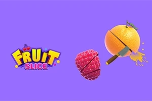Un fundal mov cu textul Fruit Slice alături de o zmeură și o portocală tăiate cu un cuțit