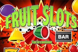 Textul FRUIT SLOTS este prezentat pe un fundal colorat cu fructe, clopoței și stele