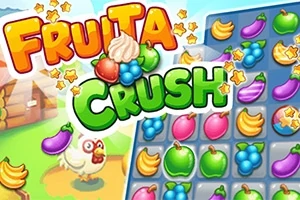 Grafică colorată cu fructe diverse și un pui lângă titlul „Fruita Crush”