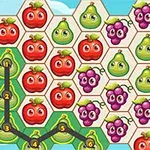 Hexagoane colorate aliniate cu simboluri de fructe zâmbitoare, inclusiv mere, pere și struguri, cu un traseu marcat pe fundal albastru
