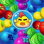 Bile colorate cu fructe și legume înconjoară un pui stilizat într-o bulă pe un fundal albastru