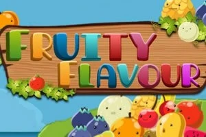 Text colorat Fruity Flavour pe un fundal de lemn, înconjurat de fructe desenate vesel