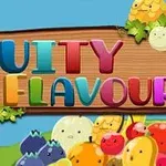 Text colorat Fruity Flavour pe un fundal de lemn, înconjurat de fructe desenate vesel