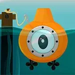 Un submarin portocaliu cu un hublou mare pluteste in apa, legat de un dig din lemn