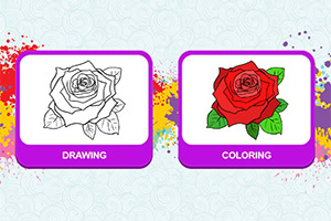O imagine cu două ilustrații ale unui trandafir, una necolorată și cealaltă colorată în roșu și verde, cu inscripțiile Drawing și Coloring