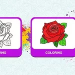 O imagine cu două ilustrații ale unui trandafir, una necolorată și cealaltă colorată în roșu și verde, cu inscripțiile Drawing și Coloring