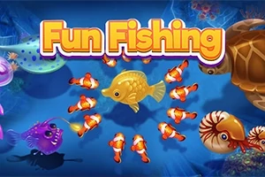 Fun Fishing Pe fundal albastru marin, un pește auriu este înconjurat de pești clovn, însoțit de diverse creaturi marine, precum o meduză, o țestoasă și un pește cu aspect fioros, iar sus este scris Fun Fishing