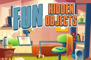 Cameră de zi colorată și dezordonată cu obiecte diverse, cum ar fi un scaun verde, un laptop și cărți, cu text mare FUN HIDDEN OBJECTS
