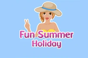 Femeie cu pălărie de vară zâmbește și face semnul păcii, înconjurată de textul Fun Summer Holiday