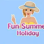 Femeie cu pălărie de vară zâmbește și face semnul păcii, înconjurată de textul Fun Summer Holiday