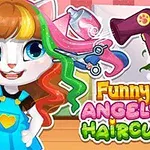 O pisică animată cu părul colorat stă într-un salon de coafură, înconjurată de un uscător de păr și foarfece, având pe fundal o inscripție colorată