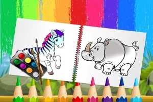 Desen cu o zebră și un rinocer necolorat, acuarele, pensulă și creioane colorate în fața unui fundal multicolor