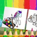 Desen cu o zebră și un rinocer necolorat, acuarele, pensulă și creioane colorate în fața unui fundal multicolor