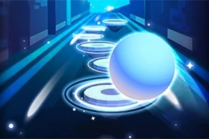 O minge luminoasă se deplasează pe o cale cu platforme circulare și lumini strălucitoare într-un peisaj futurist