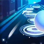 O minge luminoasă se deplasează pe o cale cu platforme circulare și lumini strălucitoare într-un peisaj futurist