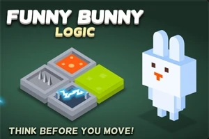 Un iepure alb stilizat, prezentat lângă un set de platforme cu diferite texturi și culori, textul „THINK BEFORE YOU MOVE!