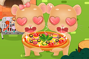 Două personaje animate cu ochi în formă de inimă ținând o pizza plină de ingrediente colorate într-un mediu exterior