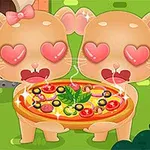 Două personaje animate cu ochi în formă de inimă ținând o pizza plină de ingrediente colorate într-un mediu exterior