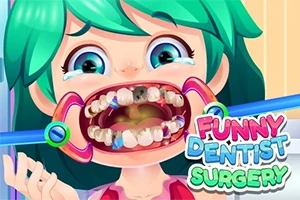 Personaj animat cu păr verde și ochi mari, având gura larg deschisă pentru o consultație dentară, cu dantură vizibilă și expresie speriată