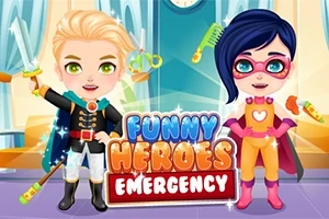 Două personaje animate îmbrăcate în costume de supereroi stau în fața unui fundal colorat, cu textul Funny Heroes Emergency în prim-plan