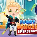 Două personaje animate îmbrăcate în costume de supereroi stau în fața unui fundal colorat, cu textul Funny Heroes Emergency în prim-plan