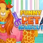 O ilustrație colorată cu animale îmbrăcate amuzant, un pisoi cu coroniță de flori și o girafă cu păr lung, într-un decor de salon de înfrumusețare