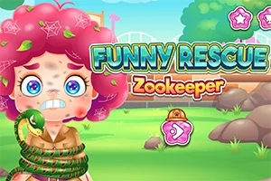 Personaj cu păr roz prins într-un șarpe, în fața unui fundal de grădină cu titlul Funny Rescue Zookeeper