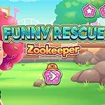 Personaj cu păr roz prins într-un șarpe, în fața unui fundal de grădină cu titlul Funny Rescue Zookeeper
