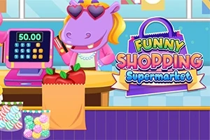Un hipopotam animat în ochelari de soare, la o casă de marcat, ținând o carte de credit, cu un coș de cumpărături și logo-ul Funny Shopping Supermarket în fundal