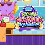 Un hipopotam animat în ochelari de soare, la o casă de marcat, ținând o carte de credit, cu un coș de cumpărături și logo-ul Funny Shopping Supermarket în fundal
