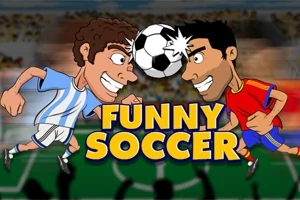 Două personaje animate se lovesc de minge cu capul pe un teren de fotbal, cu titlul „Funny Soccer” între ele