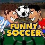 Două personaje animate se lovesc de minge cu capul pe un teren de fotbal, cu titlul „Funny Soccer” între ele