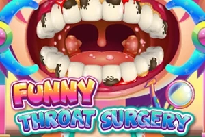 O gură deschisă cu dinți colorați și inflamați, înconjurată de elemente colorate și textul Funny Throat Surgery