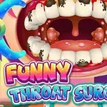 O gură deschisă cu dinți colorați și inflamați, înconjurată de elemente colorate și textul Funny Throat Surgery