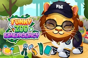 Leu desenat purtând o șapcă cu inscripția FBI și ochelari, înconjurat de unelte medicale și plante, cu textul Funny Zoo Emergency în partea stângă