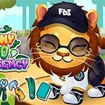 Leu desenat purtând o șapcă cu inscripția FBI și ochelari, înconjurat de unelte medicale și plante, cu textul Funny Zoo Emergency în partea stângă