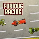 Trei mașini de curse, două verzi și una roșie, pe o pistă cu linii albe și textul FURIOUS RACING în colțul stânga sus