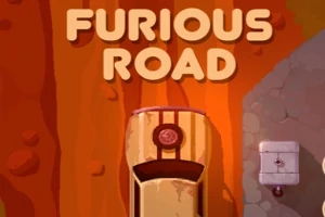 Mașină văzută de sus pe un drum portocaliu cu textul Furious Road