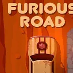 Mașină văzută de sus pe un drum portocaliu cu textul Furious Road