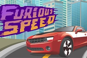 Mașină sport roșie pe drum cu zgârie-nori în fundal și text stilizat Furious Speed