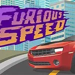 Mașină sport roșie pe drum cu zgârie-nori în fundal și text stilizat Furious Speed