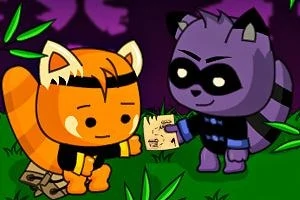 Un panda roșu desenat stilizat primește o hartă de la un raton mascat, într-un decor de junglă cu bambus
