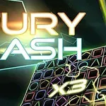 Text iluminat Fury Dash deasupra unui fundal geometric colorat