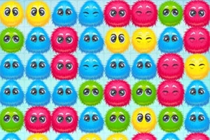 Creaturi pufoase și colorate, aranjate într-un model de grilaj, cu expresii faciale variate