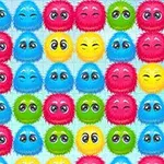 Creaturi pufoase și colorate, aranjate într-un model de grilaj, cu expresii faciale variate